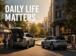 Tesla Model Y vs Volvo EX30: Which EV Fits Daily Life Better in 2026? Editorial illustration comparing practical family-focused EV ownership and premium urban EV living