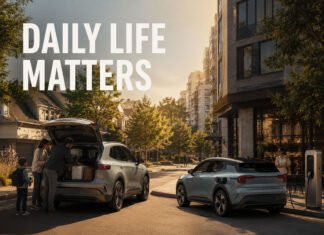Tesla Model Y vs Volvo EX30: Which EV Fits Daily Life Better in 2026? Editorial illustration comparing practical family-focused EV ownership and premium urban EV living