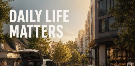Tesla Model Y vs Volvo EX30: Which EV Fits Daily Life Better in 2026? Editorial illustration comparing practical family-focused EV ownership and premium urban EV living