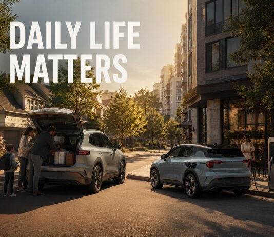 Tesla Model Y vs Volvo EX30: Which EV Fits Daily Life Better in 2026? Editorial illustration comparing practical family-focused EV ownership and premium urban EV living