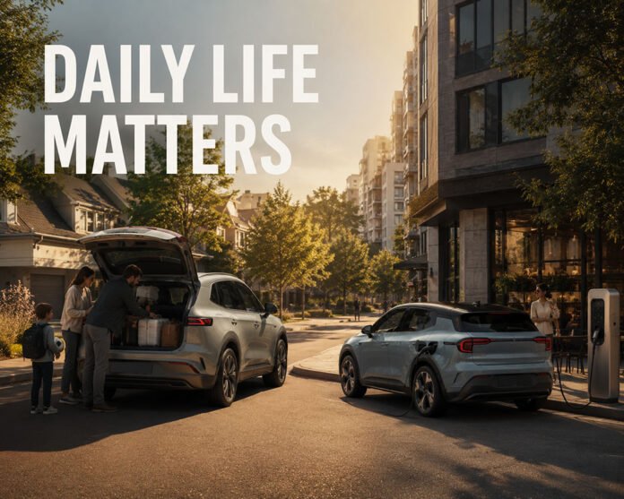 Editorial illustration comparing practical family-focused EV ownership and premium urban EV living